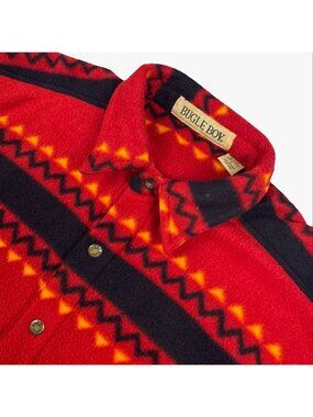 VTG Bugle Boy Men's Fleece Southwestern Snap Shirt/Jacket Red • Large